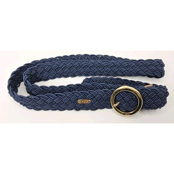 Lauren Ralph Lauren Navy Blue Braided Elastic Belt Gold Circle Buckle One Size - Picture 3 of 3